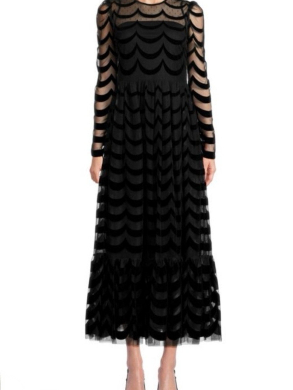 RED Valentino Swiss-Dot Tulle Maxi Dress With Scalloped Flocked Pattern Size S/M